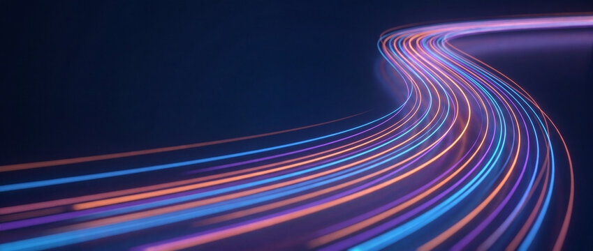 Abstract high speed fiber optic light trails curving across a dark blue background, representing digital data transmission, telecommunication, and fast internet connection technology
