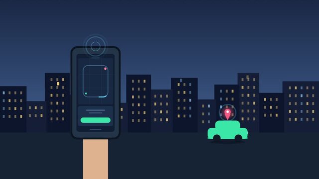 Pixel art car sharing service controlled by smartphone app, remote parking connection, city night background