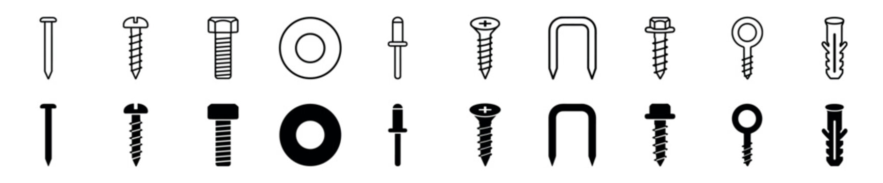 Diverse collection of hardware fastener icons featuring screws, bolts, nails, washers, and anchors, shown as both simple black line art and solid black silhouette graphics