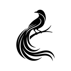 Obraz premium A stylized bird perches on a branch with flowing tail feathers.
