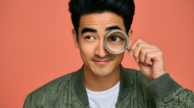 Young man holding a magnifying glass over his eye with a curious expression against a solid vibrant coral orange background
