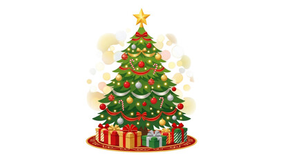 Naklejka premium Festive Decorated Christmas Tree Vector with Colorful Ornaments and Gift Boxes on White Background
