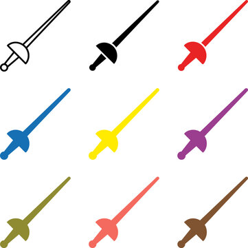 Colorful fencing swords in different colors on white background