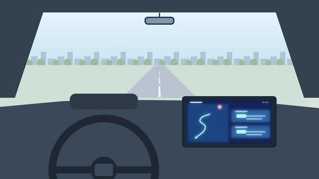 Inside minimalistic car interior with dashboard, steering wheel and digital navigation display, driving towards cityscape