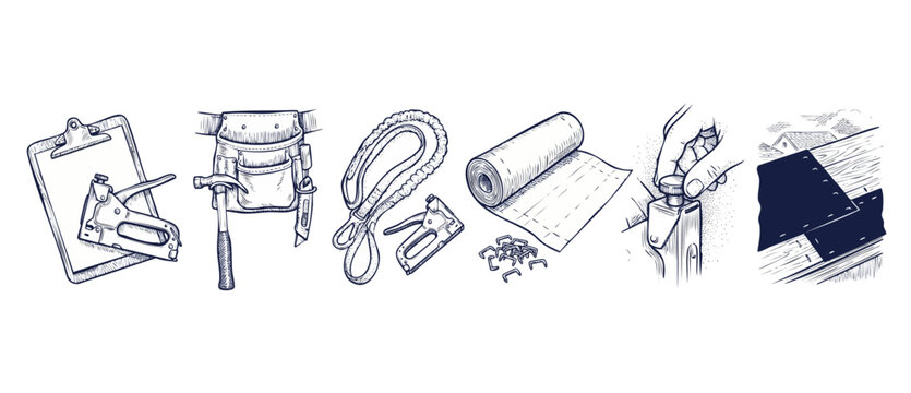 Roofing tools drawing sketch icons set for construction banner concept, featuring staple gun, hammer, tool belt, underlayment roll, safety harness, and roof installation process on white background.