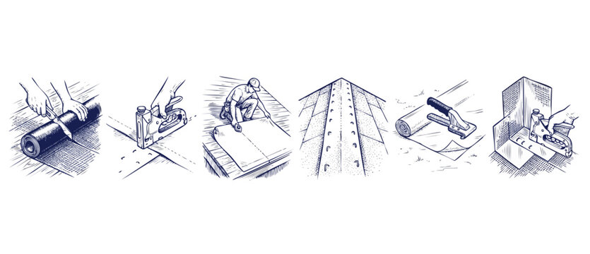 Roofing underlayment installation steps diagram showing waterproofing membrane application on roof deck with stapler, knife, and corner flashing details, sketch vector icon set for house construction.
