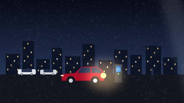 Pixel art red electric SUV charging at station at night, cityscape background, low demand, futuristic transport