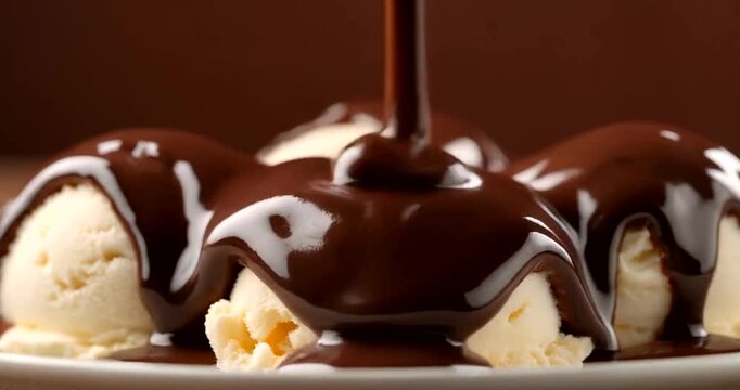 Delicious Vanilla Ice Cream Scoops Drizzled with Rich Dark Chocolate Syrup Close Up.