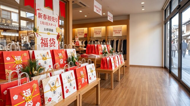 新春初売りセールを控えたアパレル店舗の風景 福袋とSALE POP