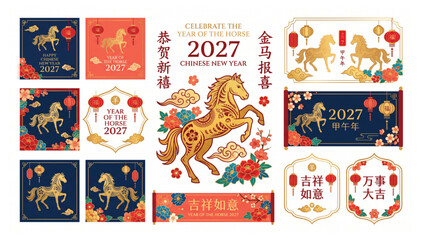 2027 chinese new year of the horse decorative collection with traditional patterns and ornaments decorative ornament celebration traditional illustration collection greeting festival © Shaon