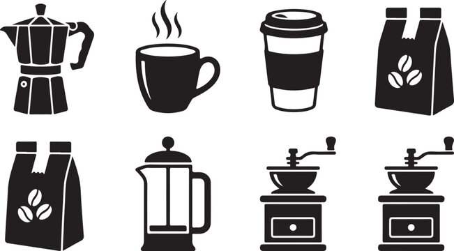 Coffee icons, coffee shop vector graphics, 8 coffee symbols, black and white illustrations, coffee equipment