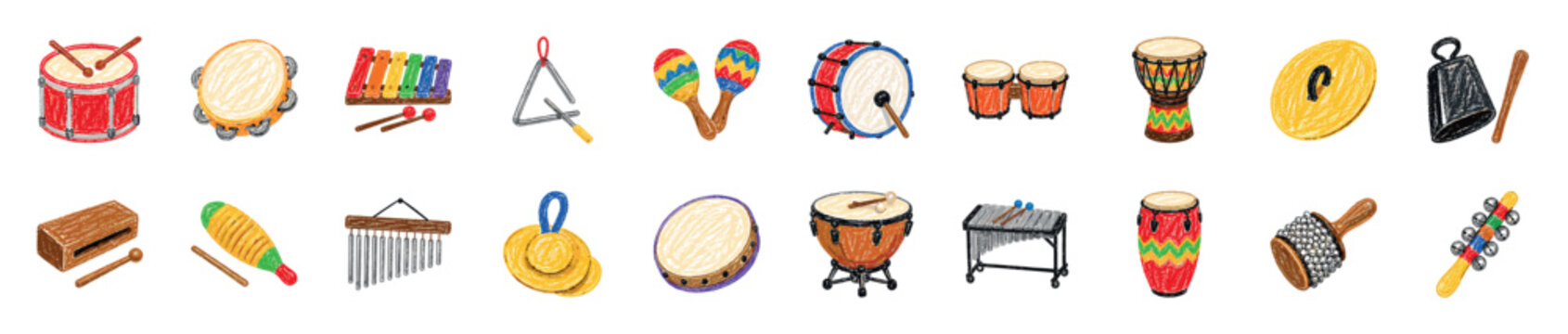 Large collection of colorful percussion instruments drawn in a charming crayon sketch style, featuring drums, maracas, a xylophone, and a tambourine for musical concepts
