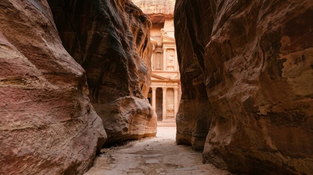 Ancient Petra Treasury seen through narrow canyon path