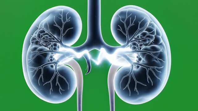 Detailed 3 d rendering of human kidneys and urinary system on a vibrant green background