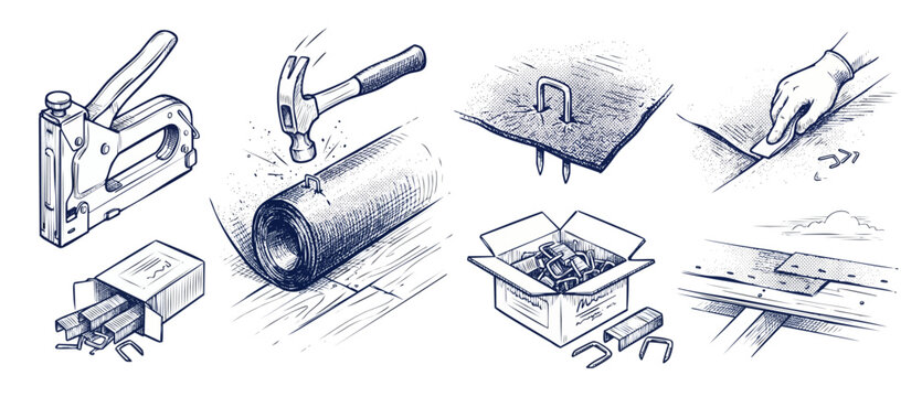 Roofing installation tools sketch set showing heavy duty staple gun, hammer hitting underlayment roll, metal staples box, and insulation installation steps in clean hand-drawn vector blueprint style.