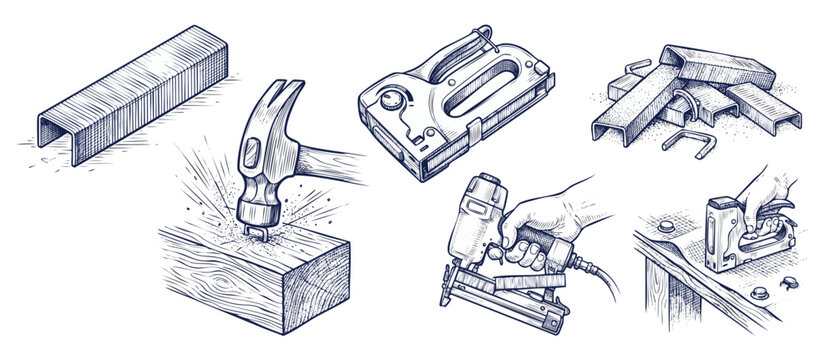 Construction stapler tools sketch set featuring hand tools, staple guns, pneumatic nailer, hammer driving staples into wood, and hardware accessories in hand-drawn engraving style on white background.