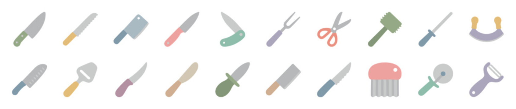 Large collection of kitchen knives and utensils including a cleaver, peeler, and pizza cutter, illustrated as a charming icon set in a flat design style with soft pastel colors