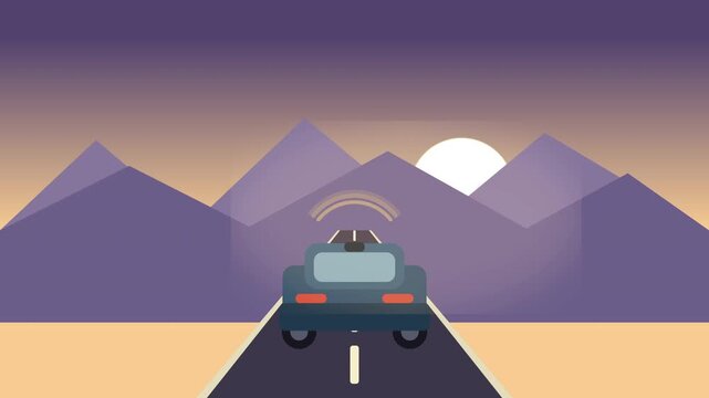 Vector autonomous electric car drives on a scenic highway through mountains at sunset, showcasing future transport technology