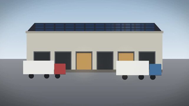 Warehouse logistics center with semi trucks at loading docks, modern cargo transport delivery building with solar panels, business distribution hub