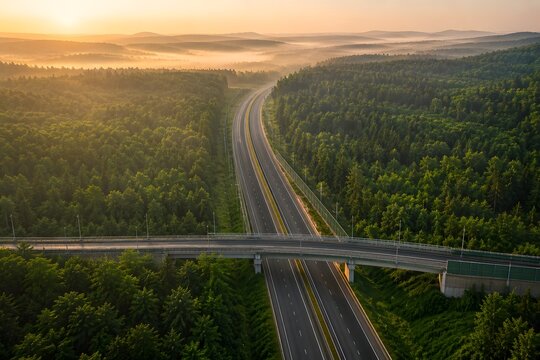 Advanced Green Logistics Corridor Surrounded by Dense Forest Landscape