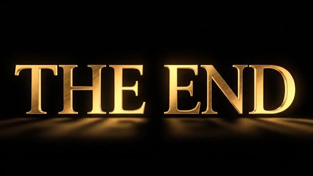 Golden 3D The End Text on Black Background with Reflections