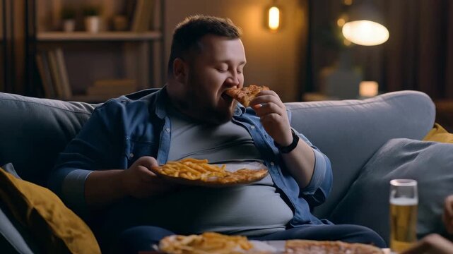 Overweight Man Eating Fast Food on Sofa, represents unhealthy eating habits