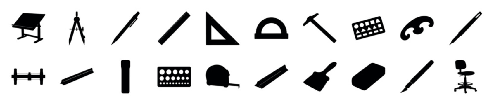 Collection of black silhouette icons of drafting and architectural tools including a drafting table, compass, ruler, protractor, and pen for design and engineering projects