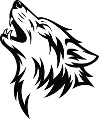 Obraz premium Black and white of a howling wolf head silhouette, aggressive wild animal profile, tribal style predator