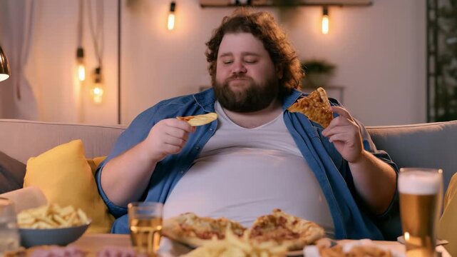 Overweight Man Eating Fast Food on Sofa, represents unhealthy eating habits