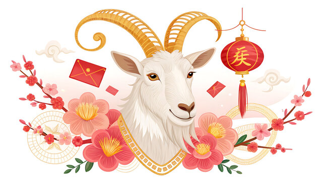 Goat head with golden horns and chinese new year decorations and flowers and red envelopes  chinese zodiac symbol transparent background