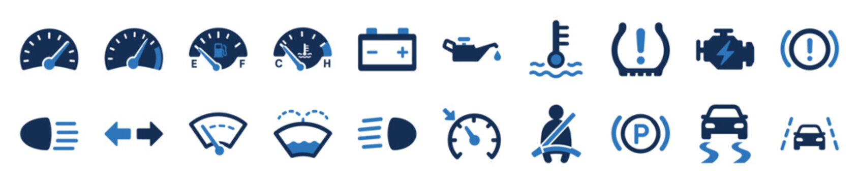 Car dashboard warning and indicator icons set in a blue two-tone graphic style representing vehicle system status, alerts, and controls like engine, fuel, and battery