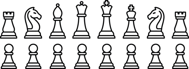 Set of black and white chess piece including pawns, knights, bishops, rooks, king, and queen, isolated on a white background © Aman9