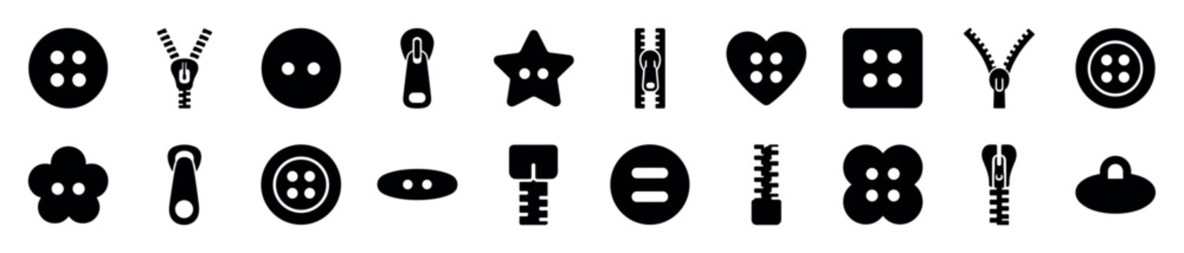 Collection of black silhouette icons featuring various sewing buttons and zippers in different shapes like hearts and stars, arranged as a minimalist graphic element set