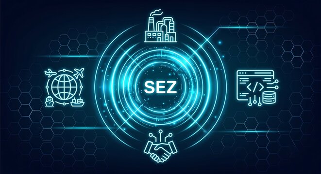 SEZ Special Economic Zones concept.Areas designated by a government for economic development, where businesses  vector ai new