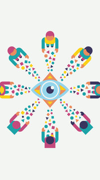 Abstract illustration of an eye symbolizing shared vision and collective intelligence with people radiating colorful shapes