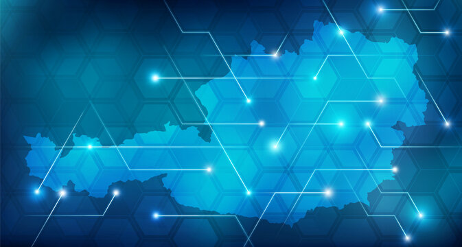 Glowing austria map. Blue concept of connectivity & information integration, data transfer, digital communication, connected austrian trade / technology in finance, system integration, futuristic tech