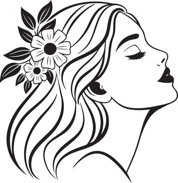 Elegant Woman and Girl with Flower Beauty Face Profile Silhouette Vector Illustration Long Hair Fashion Lady Line Art Sketch Glamour Hairstyle Design for Spa Logo Branding and Floral Portrait