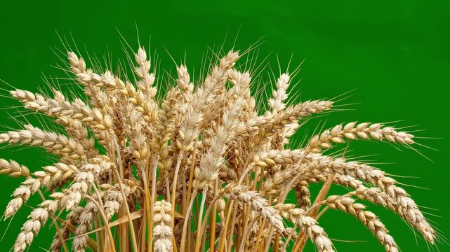 Close up of ripe wheat stalks against a green background.