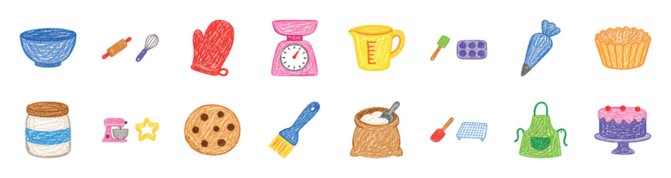 Colorful collection of baking equipment illustrations in a charming, hand-drawn crayon style, featuring various kitchen tools, utensils, and sweet treats for a playful design