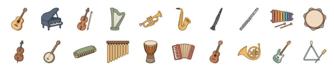 Naklejka premium Large collection of musical instrument icons including guitar, piano, violin, and trumpet in a colorful hand-drawn cartoon style for creative and educational concepts