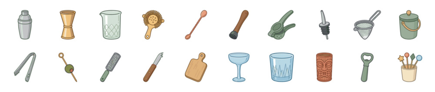 Large collection of colorful cartoon bartender tools and cocktail equipment for mixology, including a shaker, jigger, glasses, and a tiki mug, arranged in a neat set