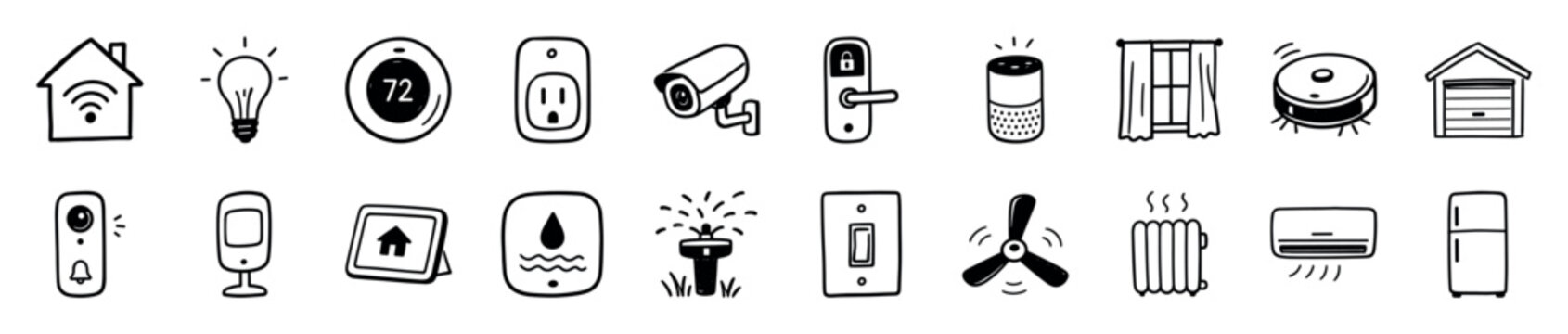 Collection of hand-drawn smart home icons in a simple doodle style representing various devices for home automation, connectivity, and the internet of things technology