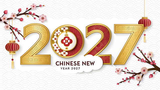 Chinese New Year 2027 celebration with gold numbers and cherry blossoms  traditional lanterns and flowers on white background transparent background