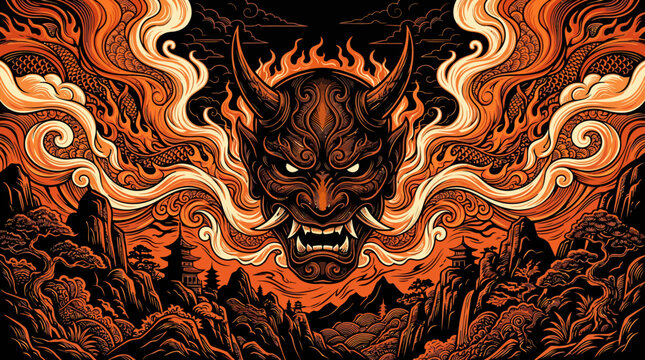 Fiery Japanese Oni demon mask in flames vector illustration