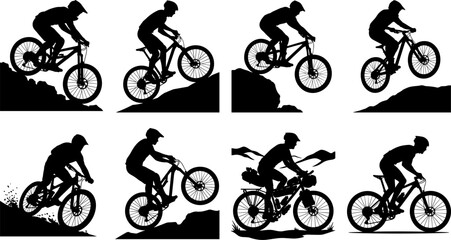 Obraz premium Mountain Bike Rider Silhouette Vector Set with MTB Trail Jump and Adventure Cycling Collection