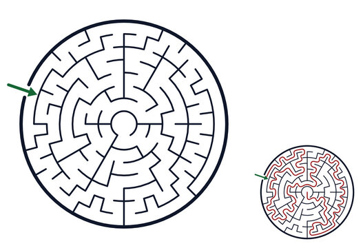 Circular maze with entrance marker and solution path drawn