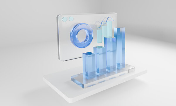 Transparent 3d blue bar chart graph data analytics dashboard Transparent blue bar chart and analytics dashboard with abstract graph, glass material