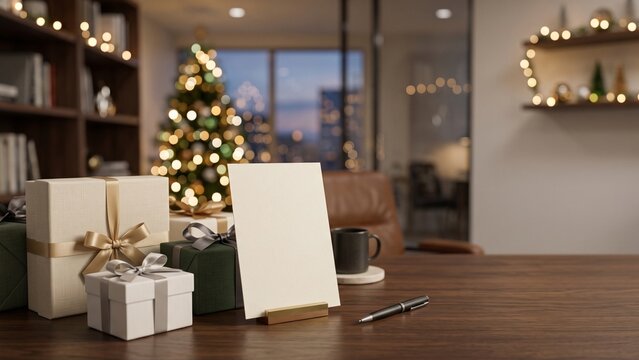 Elegant corporate holiday gifts on a modern office desk with winter bokeh background