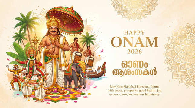 Happy Onam 2026 Greeting Banner with King Mahabali Traditional Kerala Festival Illustration for Celebration Design