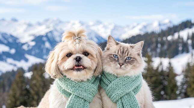  a smiling Shih Tzu and a Ragdoll cat wearing matching thick mint green scarves.